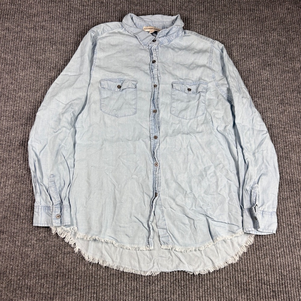 Alexander Jordan Shirt Women's L Light Wash Denim Chambray Frayed Hem Button Up